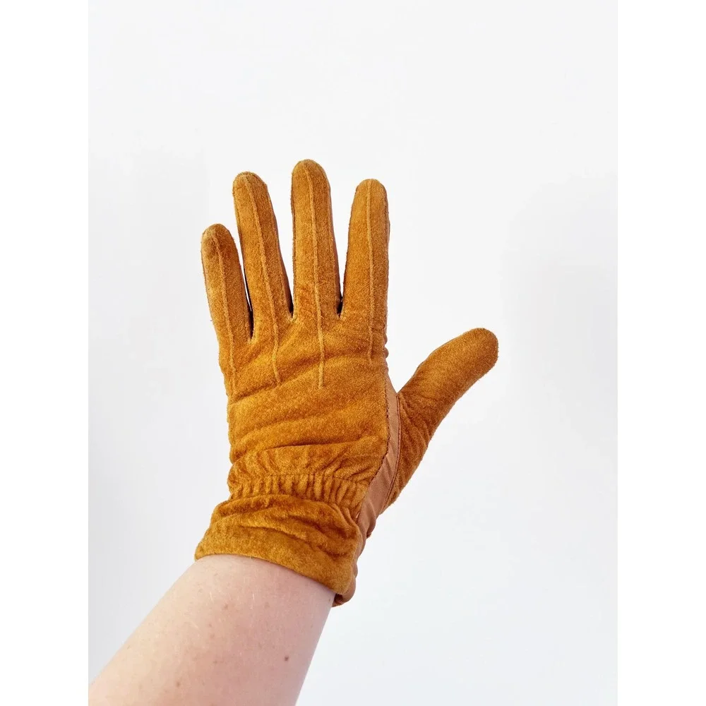 Isotoner‎ Gloves Mustard Yellow Vintage 70s Leather Suede Driving Gloves Size L